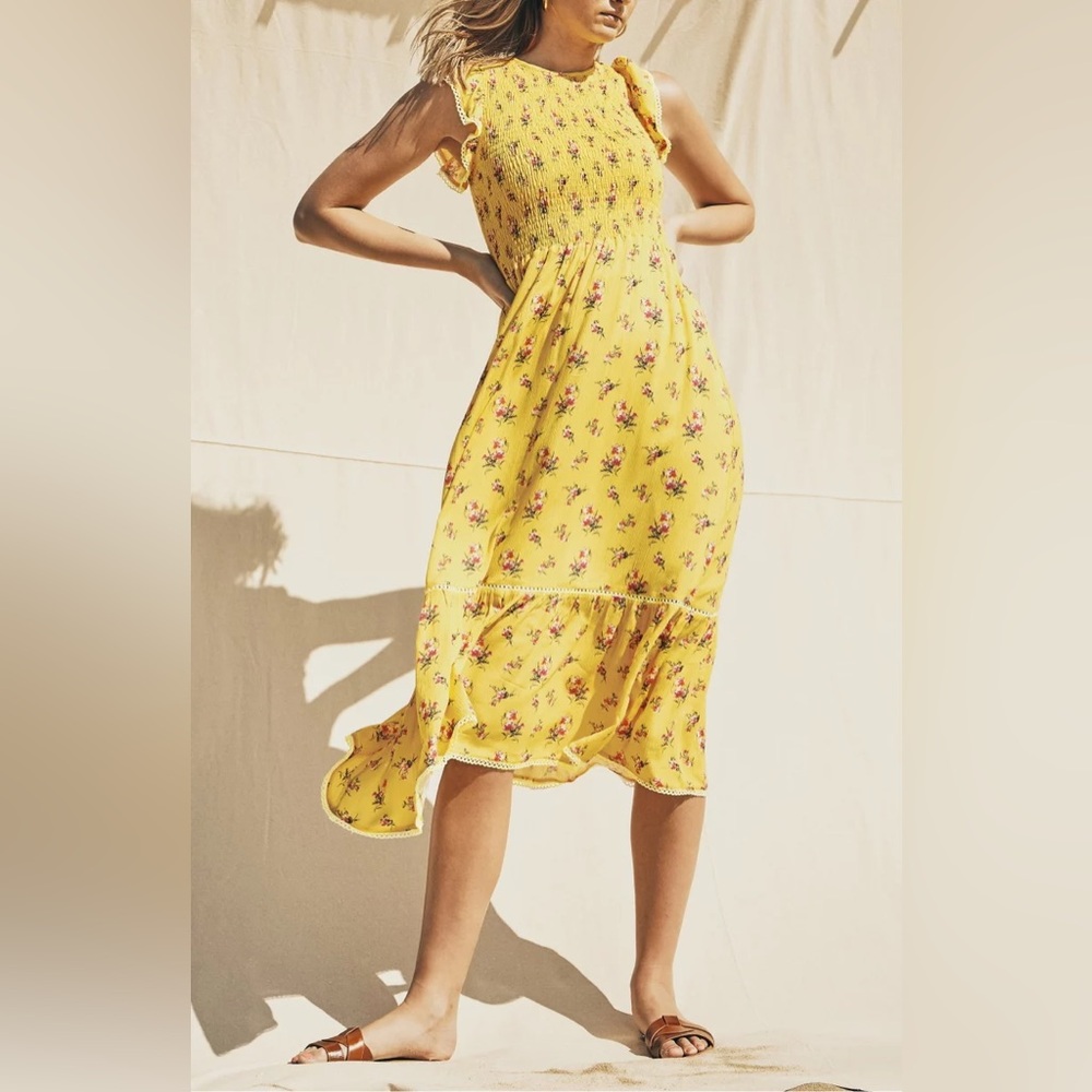 LOST+WANDER/ Smocked Yellow Midi Dress - Sz. M - NWT